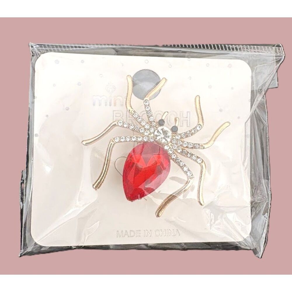 Gold Tone RED Rhinestone Spider Brooch - Picture 4 of 6